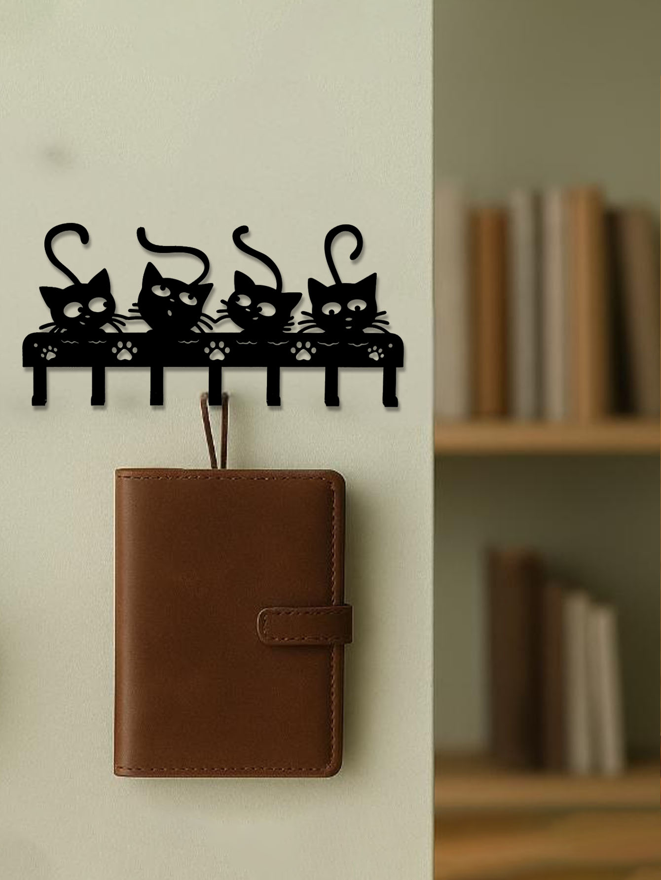 Black Cat Wall Key Rack — 7 Hooks